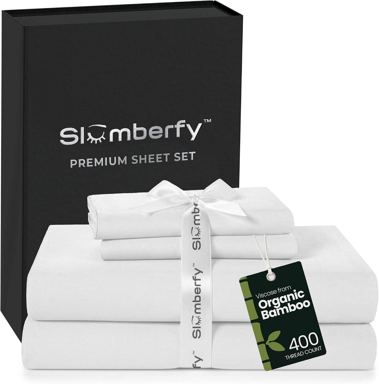 4-Piece 400 TC Viscose Derived from Bamboo Sheets, Queen Size – 1 Fitted, 1 Flat, 2 Pillow Cases – Deep Pocket Cooling Viscose-Bamboo Bed Sheets in Magnetic Closure Gift Box, White
