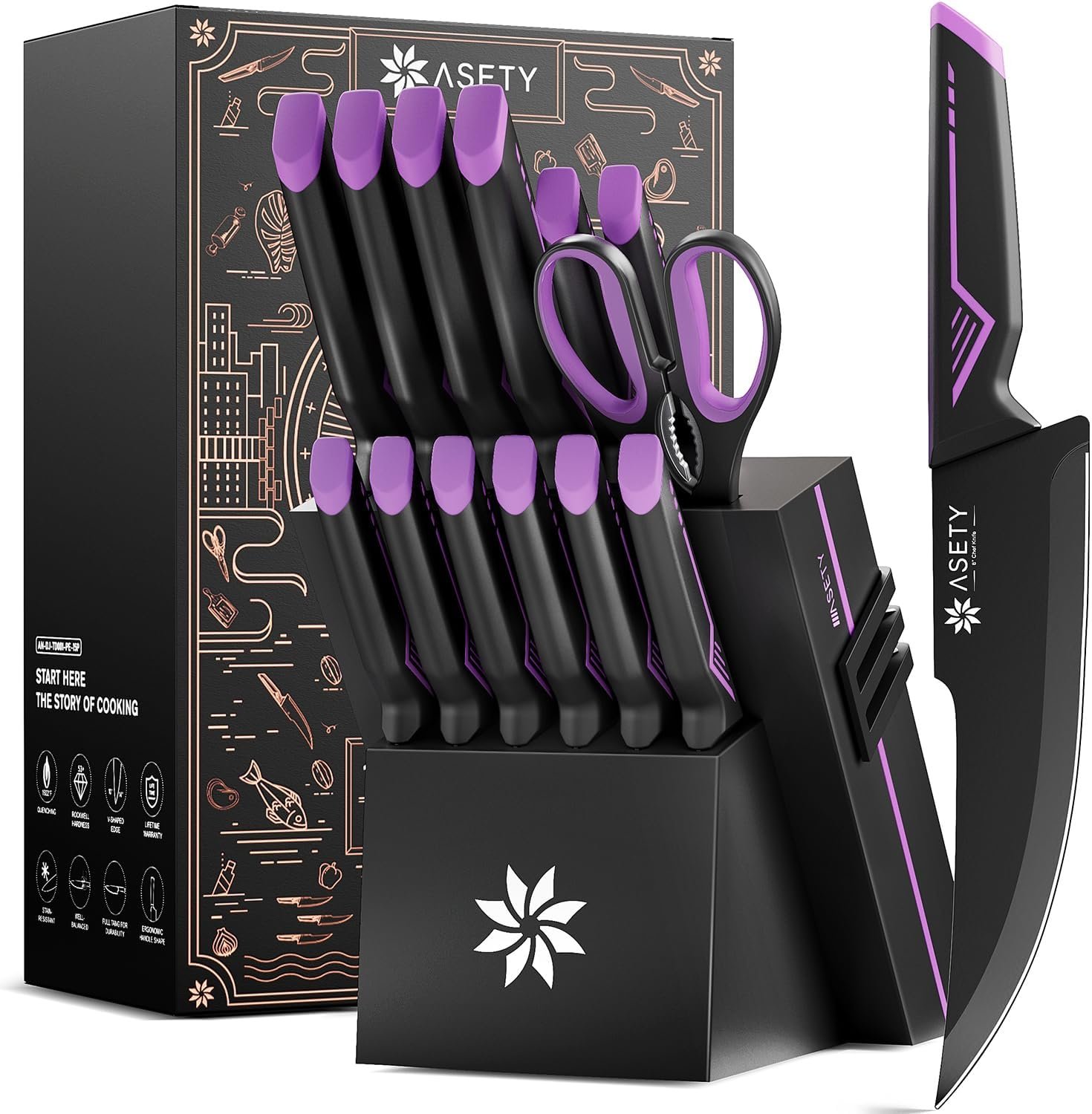 Knife Set, 15 PCS Kitchen Knife Set with Built-in Sharpener Block