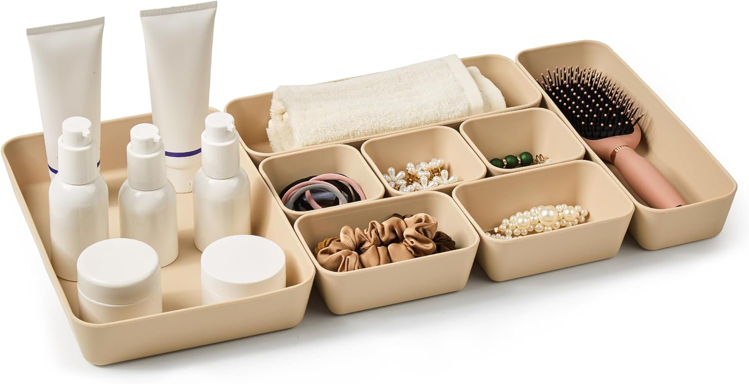 8Pcs Silicone Bathroom Drawer Organizer Trays Set, 4 Sizes, Beige