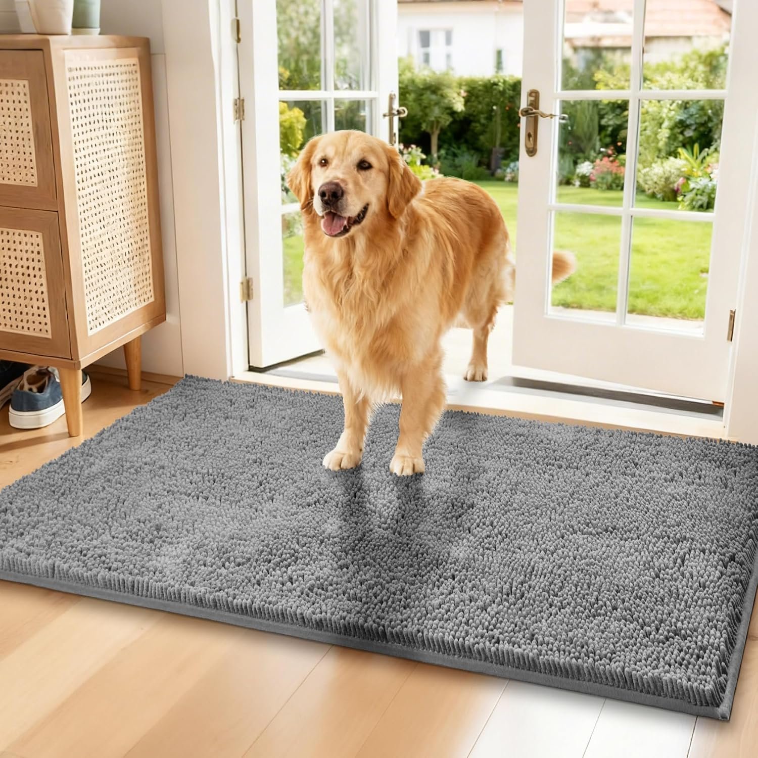 Chenille Absorbent Front Door Mat 60″ x 36″, Dog Door Mat for Muddy Paws, Trap Dirt Doormat, Mud Mat for Dogs, Washable Non Slip Outdoor Indoor Doormats for Entryway, Light Grey