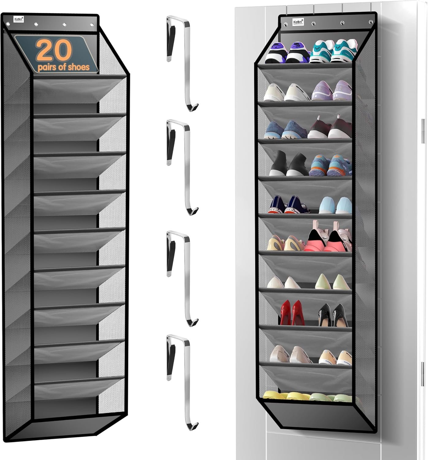 Kotkn 10 Tier Over The Door Organizer – Heavy Duty Hanging Storage Rack with Sturdy Oxford Fabric, Holds 20+ Pairs of Footwear, Boots & Sneakers, Saves 50% Closet Space (Gray)