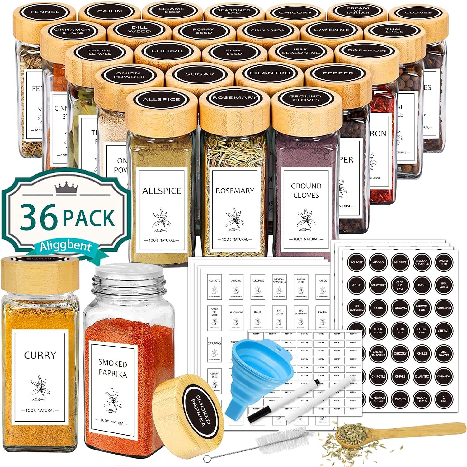 Spice Jars with Labels 36 Pcs 4 oz Glass Bamboo Lids Shaker Set